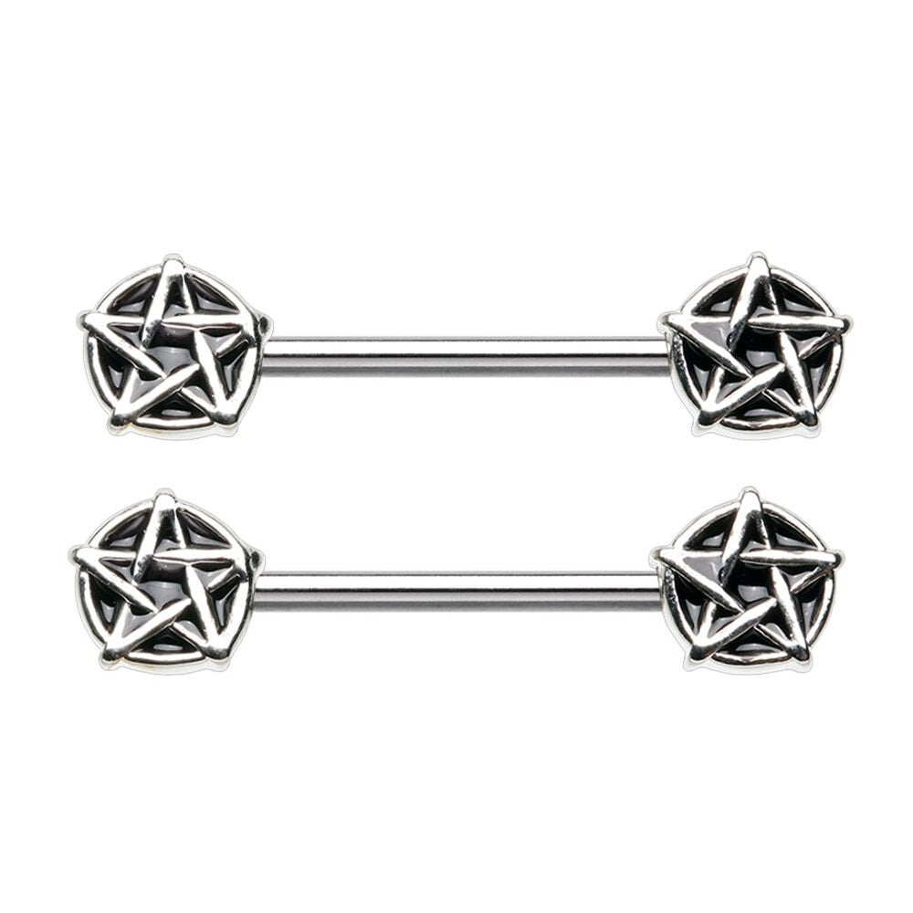 Wiccan Pentagram Nipple Barbells - Stainless Steel - Pair