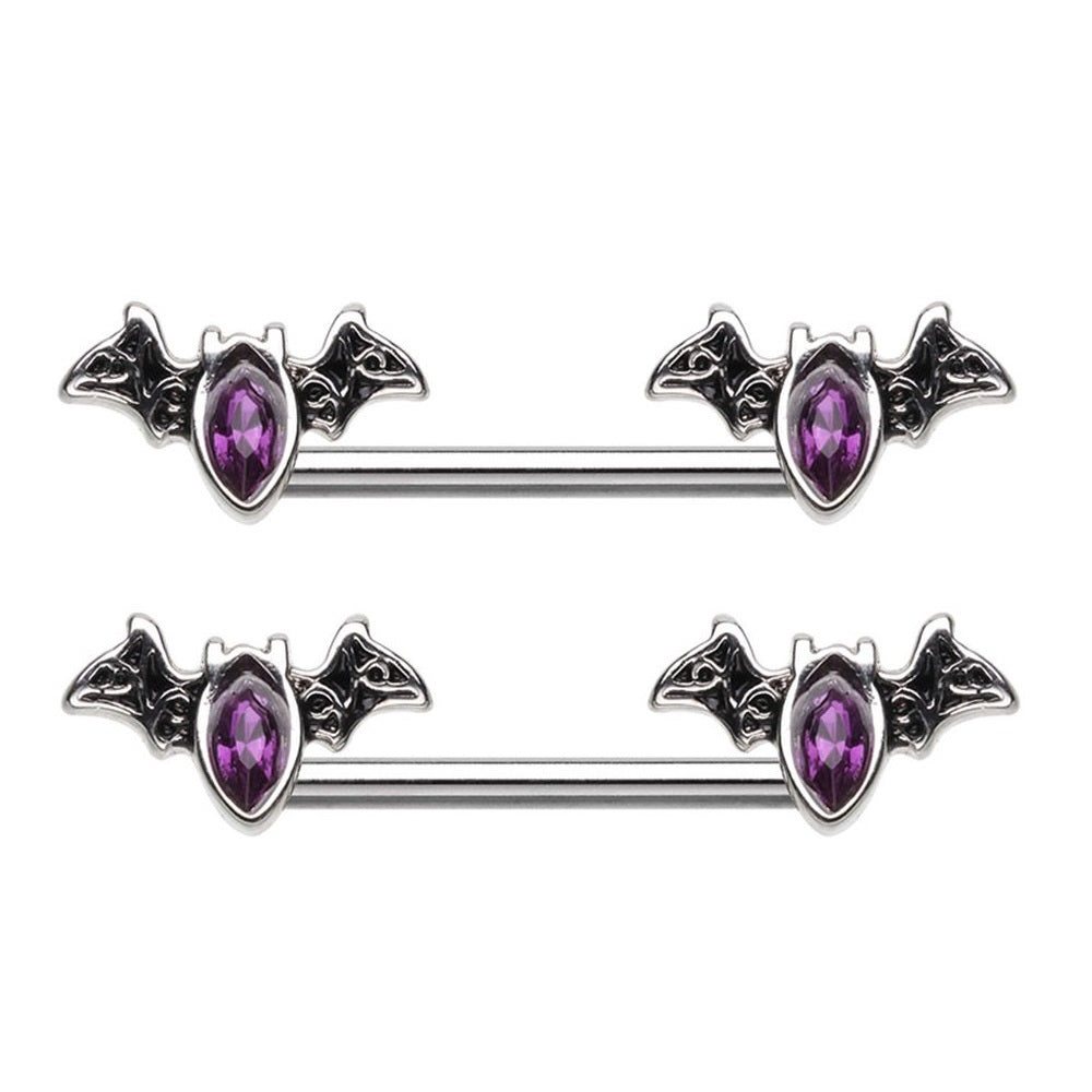 Purple CZ Crystal Bat Nipple Barbells - Stainless Steel - Pair
