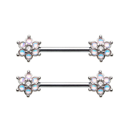 Illuminating Moonstone Prong Set Flower Nipple Barbells
 - Stainless Steel - Pair