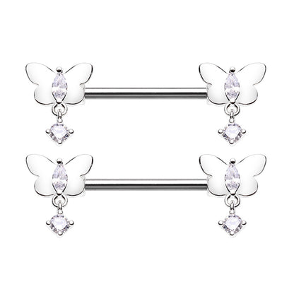Butterflies with Dangling Gems Nipple Barbells - Stainless Steel
