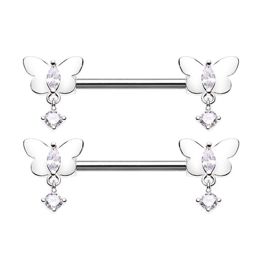 Butterflies with Dangling Gems Nipple Barbells - Stainless Steel