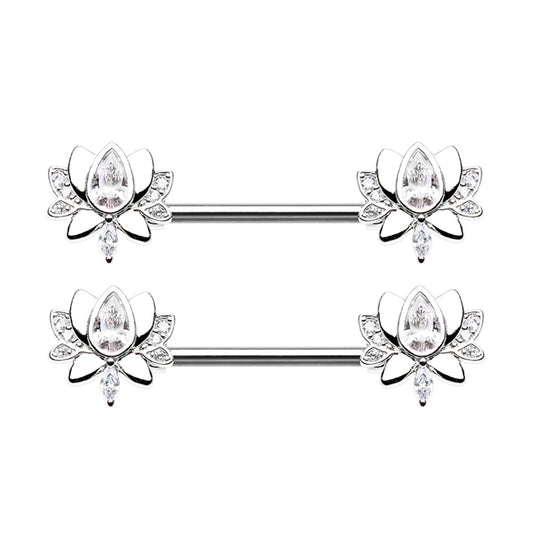 CZ Crystal Blooming Lotus Flower Nipple Barbells - Stainless Steel