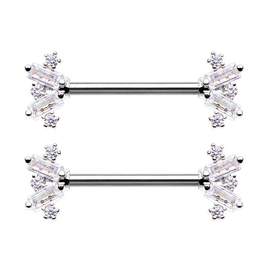 Stacked CZ Crystal Baguette Gem Ends Nipple Barbells - Stainless Steel