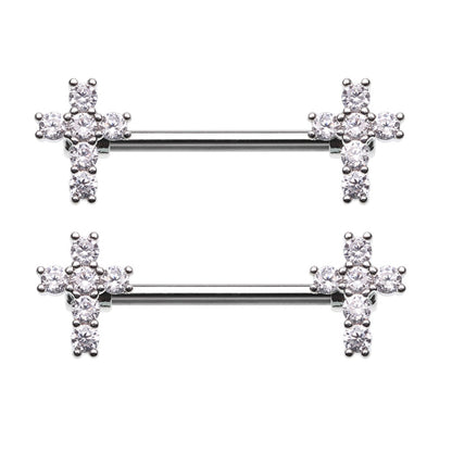 CZ Crystal Cross Ends Nipple Barbells - Stainless Steel - Pair