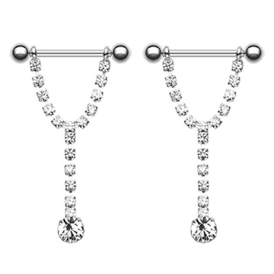 Clear CZ Crystal Chandelier Dangling Barbell Nipple Rings
 - Stainless Steel - Pair