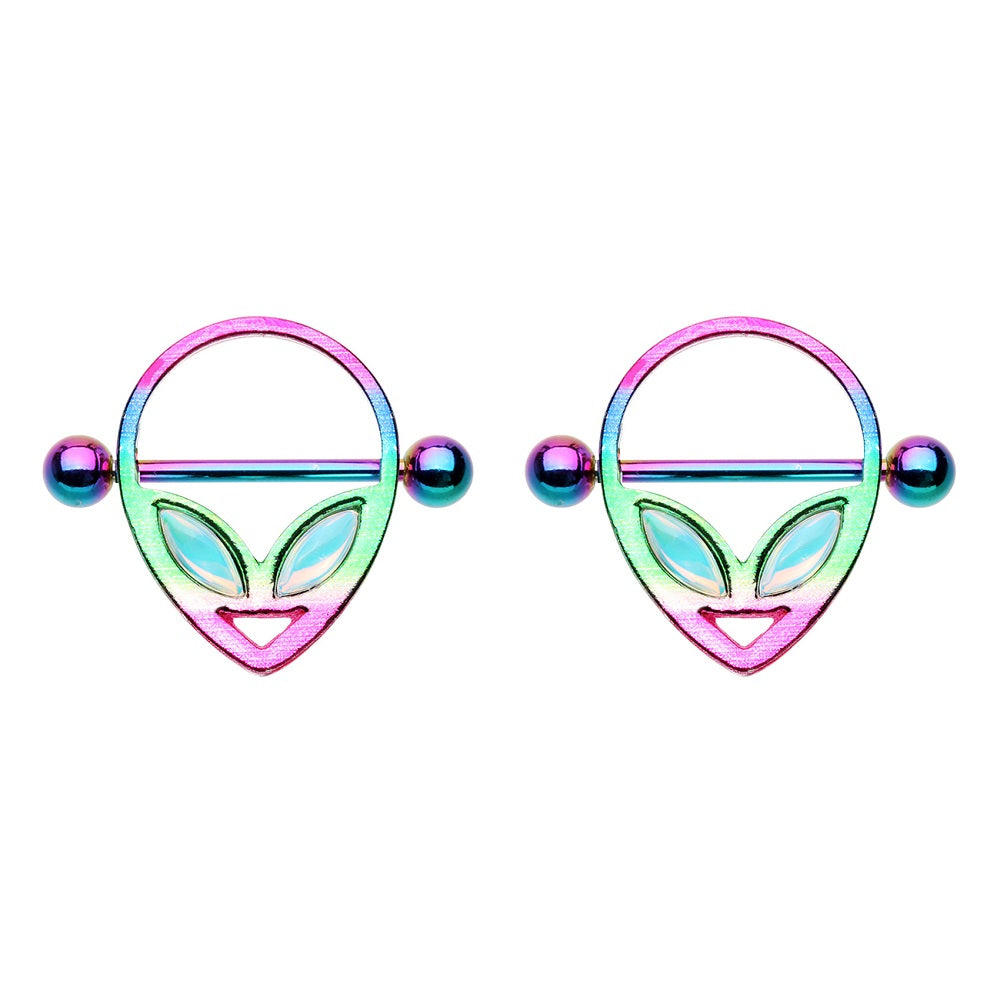 Rainbow Alien Head Nipple Ring Shields
 - Stainless Steel - Pair