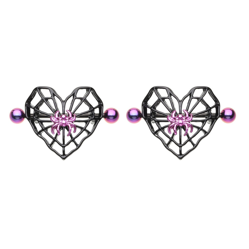 Purple and Black Spiderweb Heart Nipple Ring Shields - Stainless Steel - Pair