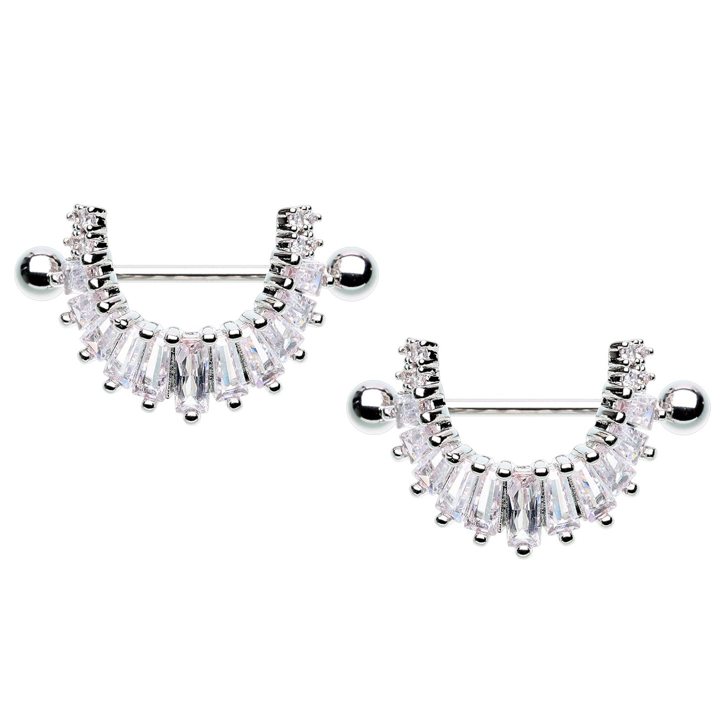 CZ Crystal Baguette Tiles Dangling Nipple Shields - Stainless Steel