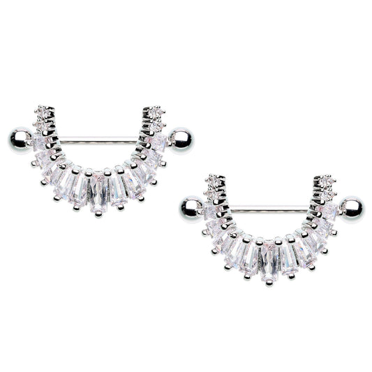 CZ Crystal Baguette Tiles Dangling Nipple Shields - Stainless Steel