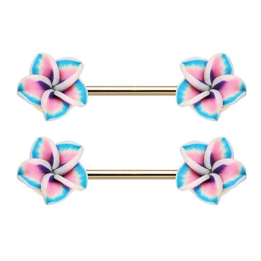 Hawaiian Plumeria Flower Barbell Nipple Rings - Gold Plated Stainless Steel - Pair