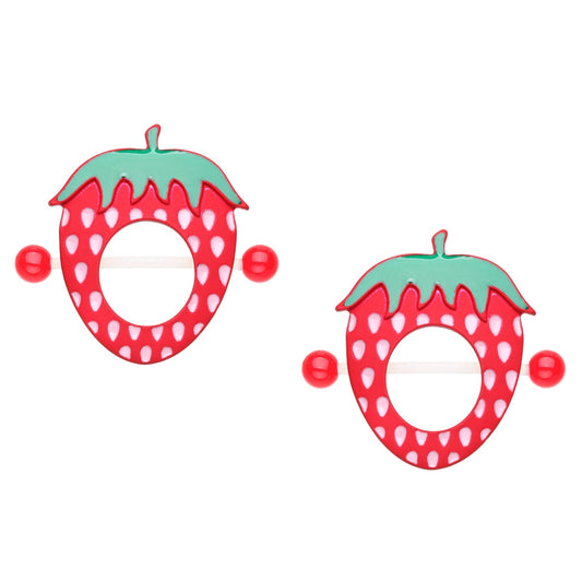 Soft Touch Strawberries Acrylic Barbell Nipple Ring Shields - Pair