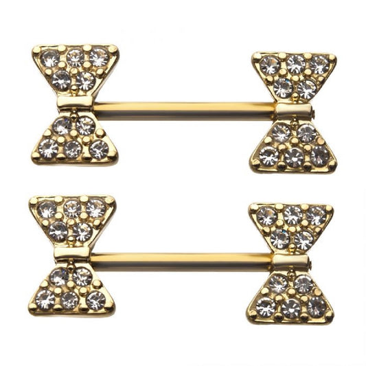 Golden Front Facing Bow Ties Nipple Barbells - 316L Stainless Steel - Pair