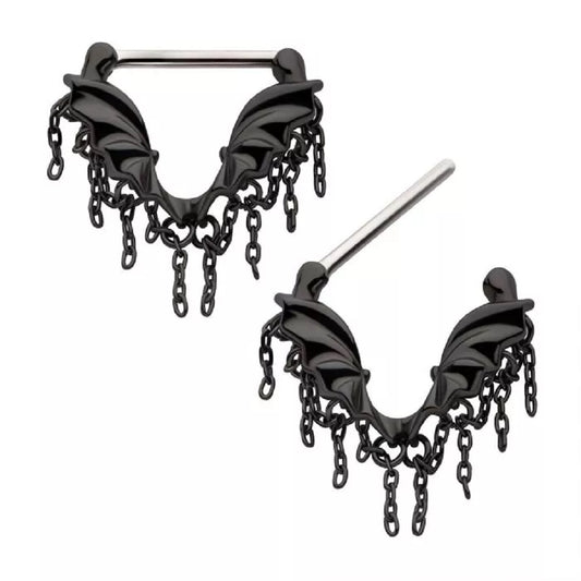 Black Bat Wings with Dangling Chains Nipple Clickers - 316L Stainless Steel - Pair