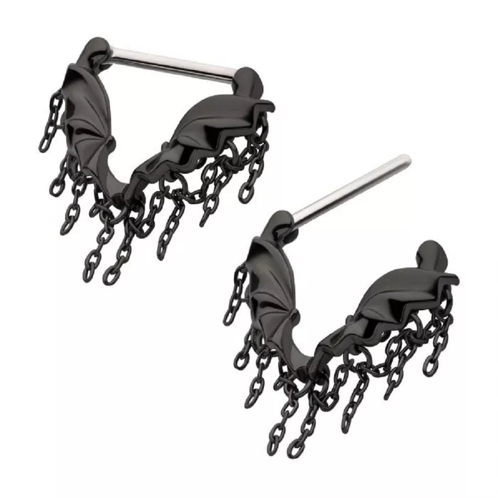 Black Bat Wings with Dangling Chains Nipple Clickers - 316L Stainless Steel - Pair