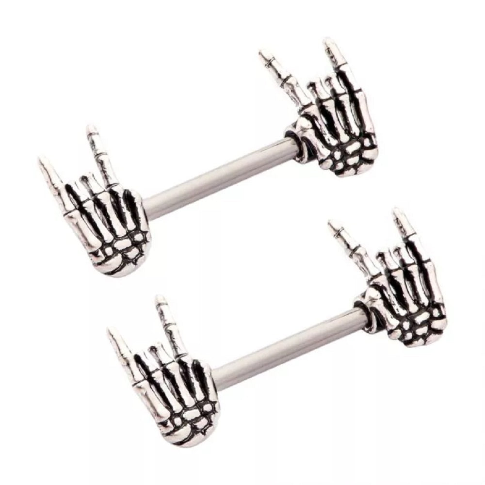 Skeleton Hand Nipple Barbells - 316L Stainless Steel - Pair