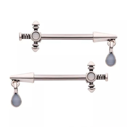 Dagger with Blue Opal Teardrop Dangling Charm Nipple Barbells - 316L Stainless Steel - Pair
