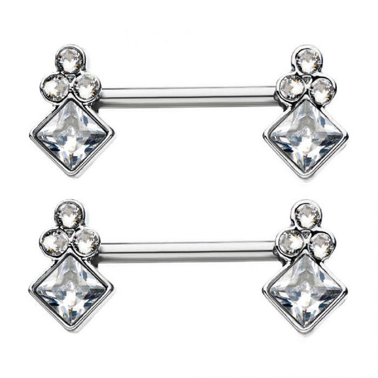Diamond Shaped CZ with Three Rounded Accent CZS Nipple Barbells - 316L Stainless Steel - Pair