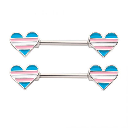 Pink White and Blue Striped Heart Shaped Transgender Pride Nipple Barbells - Stainless Steel - Pair