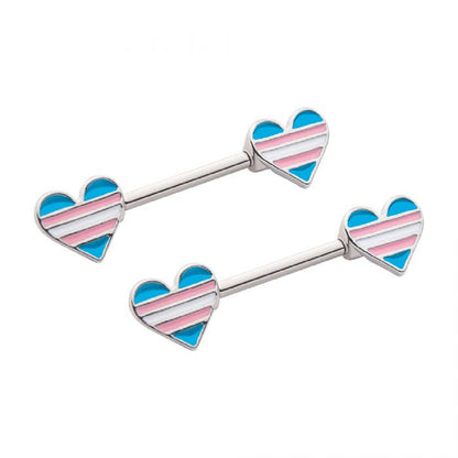 Pink White and Blue Striped Heart Shaped Transgender Pride Nipple Barbells - Stainless Steel - Pair