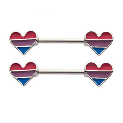 Pink Purple and Blue Striped Heart Shaped Bisexual Pride Nipple Barbells - Stainless Steel - Pair