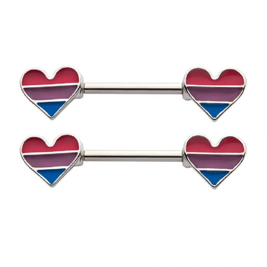 Pink Purple and Blue Striped Heart Shaped Bisexual Pride Nipple Barbells - Stainless Steel - Pair