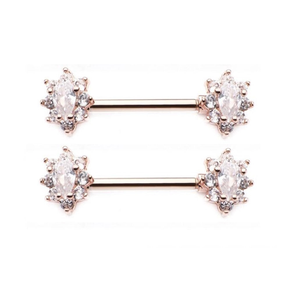 CZ Crystal Oval Flower Cluster Nipple Barbells - Stainless Steel - Pair