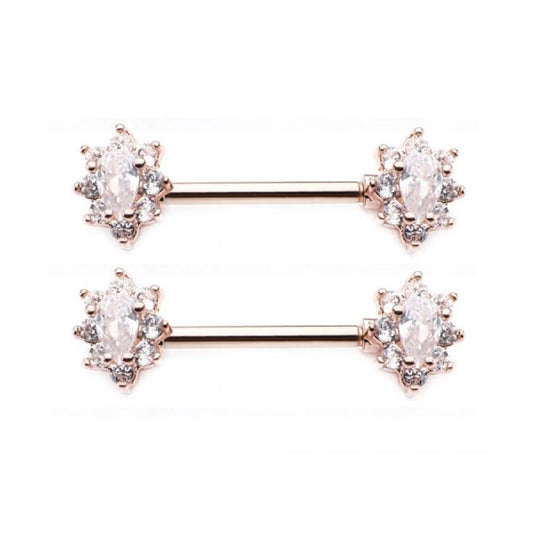 CZ Crystal Oval Flower Cluster Nipple Barbells - Stainless Steel - Pair