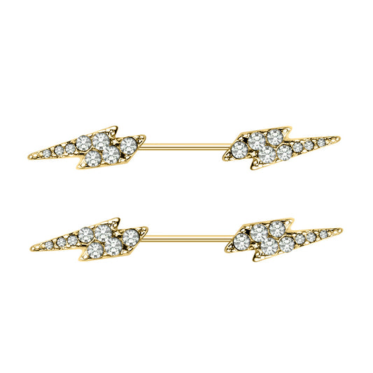 Gold Plated CZ Crystal Lightning Bolt Nipple Barbells - Stainless Steel - Pair