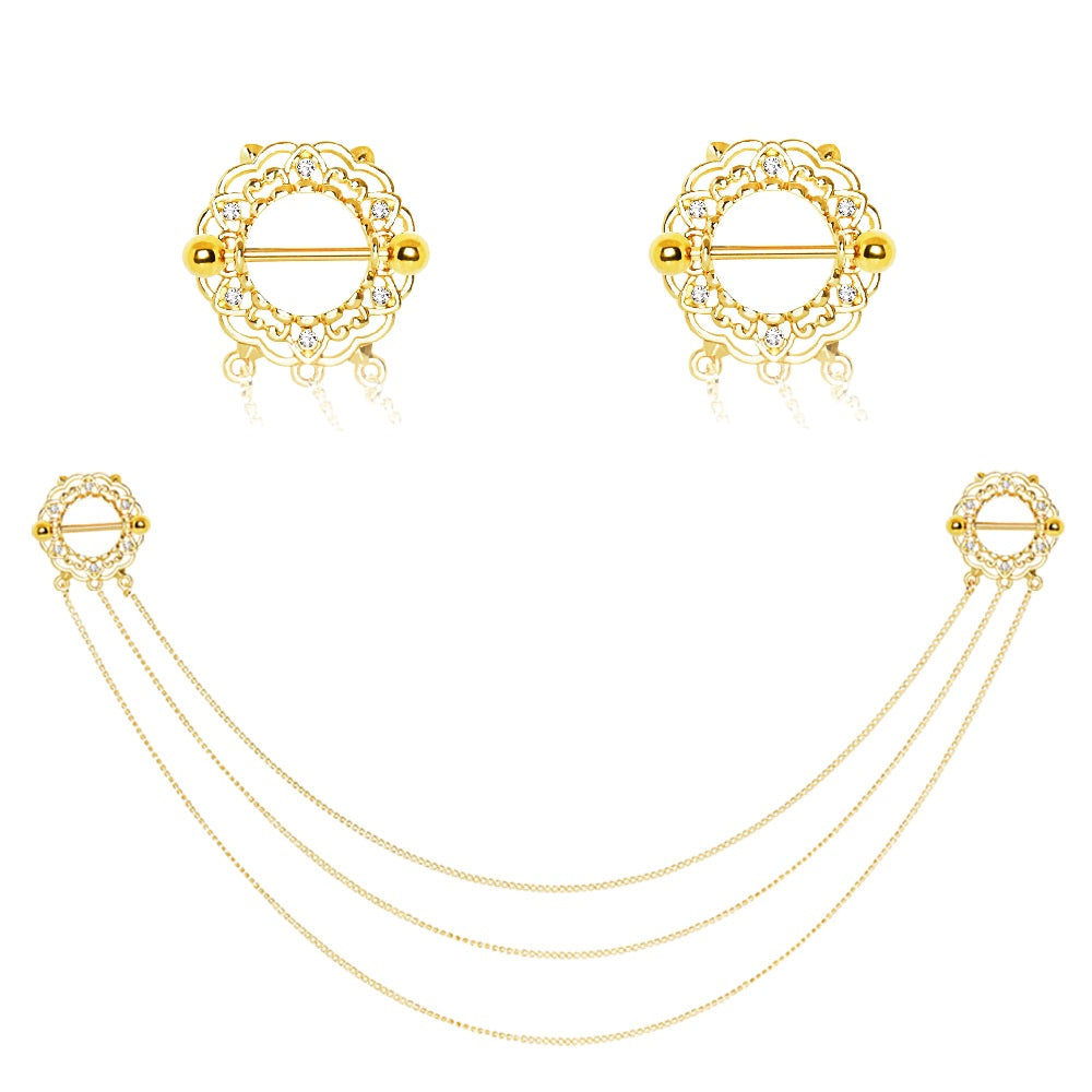 Gold Plated Triple Chain Connecting Floral Crystal Nipple Piercing Shields - Stainless Steel
