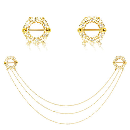 Gold Plated Triple Chain Connecting Floral Crystal Nipple Piercing Shields - Stainless Steel
