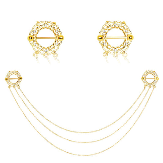 Gold Plated Triple Chain Connecting Floral Crystal Nipple Piercing Shields - Stainless Steel