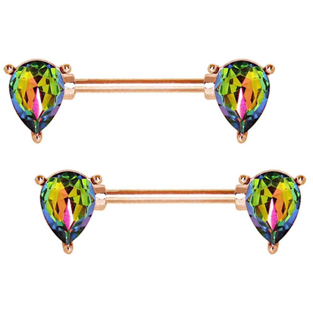 Rose Gold Plated Rainbow Teardrop Crystal Nipple Barbells - Stainless Steel - Pair