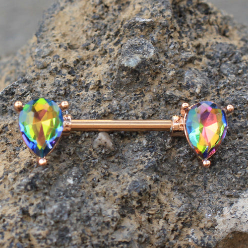 Rose Gold Plated Rainbow Teardrop Crystal Nipple Barbells - Stainless Steel - Pair