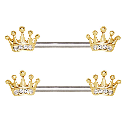Gold Plated CZ Accented Royal Crown Nipple Barbells - Stainless Steel - Pair