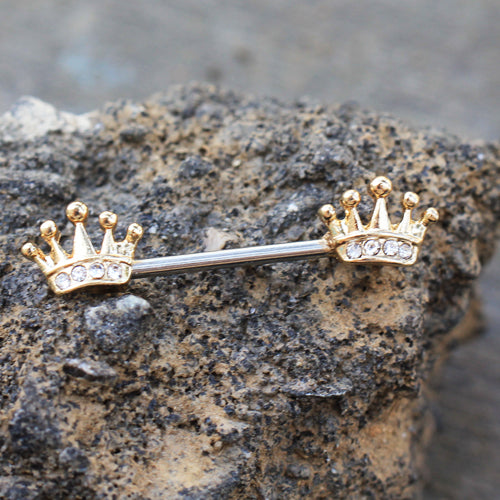 Gold Plated CZ Accented Royal Crown Nipple Barbells - Stainless Steel - Pair
