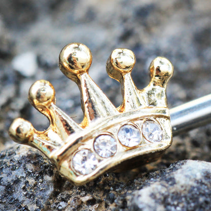 Gold Plated CZ Accented Royal Crown Nipple Barbells - Stainless Steel - Pair