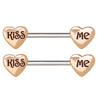 Heart Kiss Me Nipple Barbells - Rose Gold Plated Stainless Steel - Pair