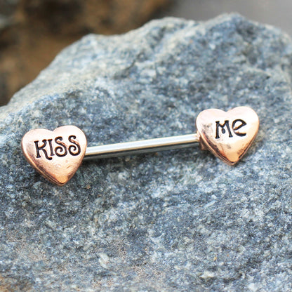 Heart Kiss Me Nipple Barbells - Rose Gold Plated Stainless Steel - Pair