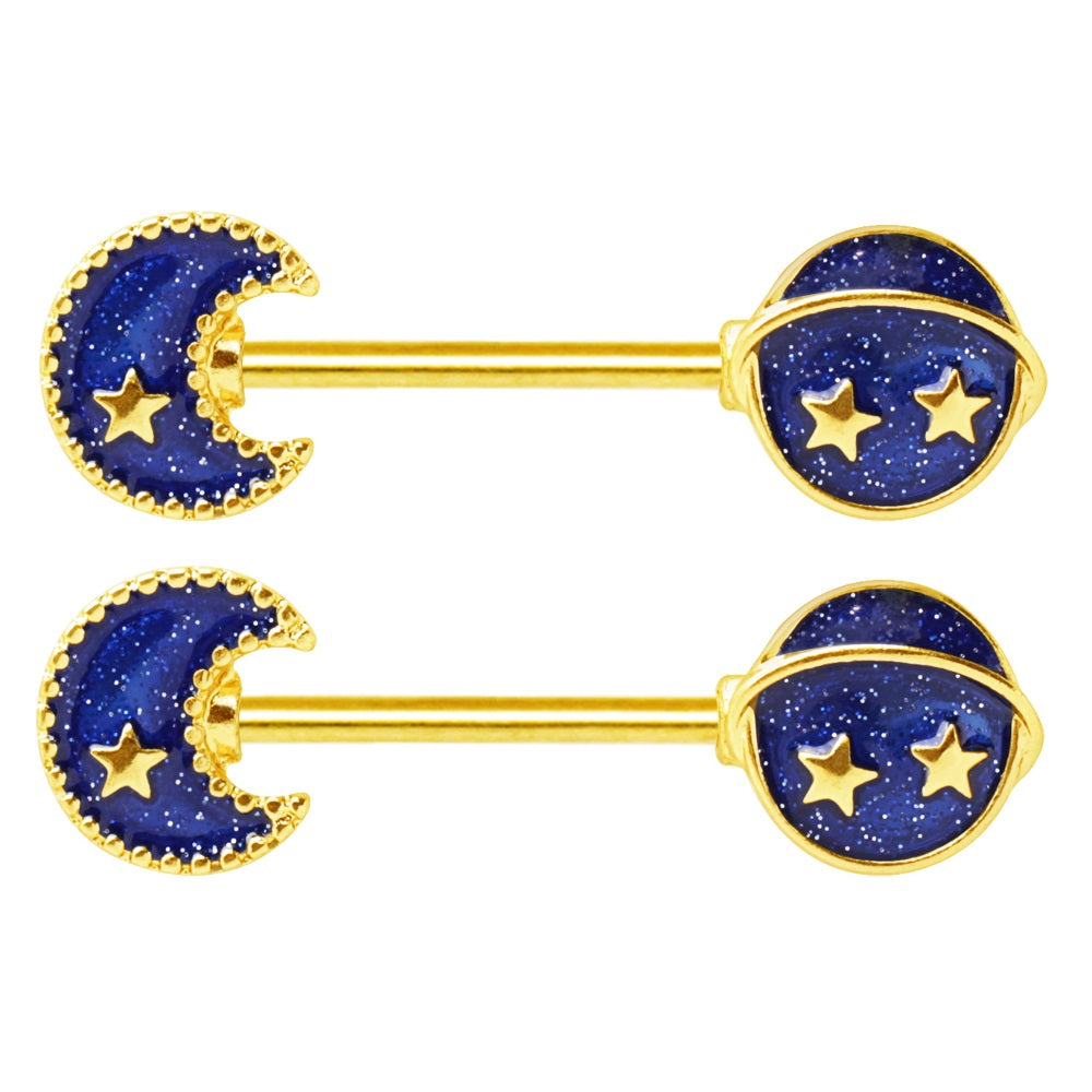 Moon, Planet, and Stars Galaxy Nipple Barbells - Gold Plated Stainless Steel - Pair