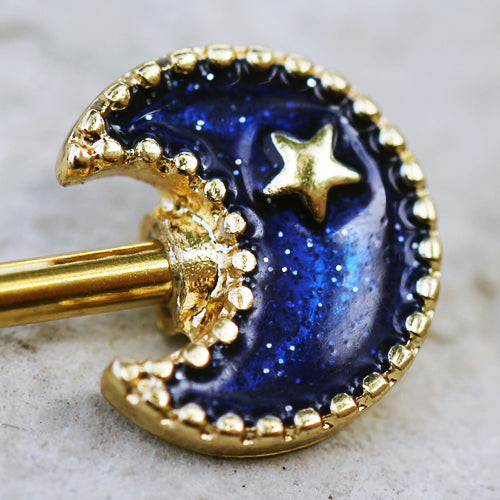 Moon, Planet, and Stars Galaxy Nipple Barbells - Gold Plated Stainless Steel - Pair