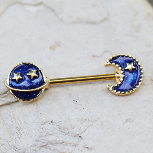 Moon, Planet, and Stars Galaxy Nipple Barbells - Gold Plated Stainless Steel - Pair