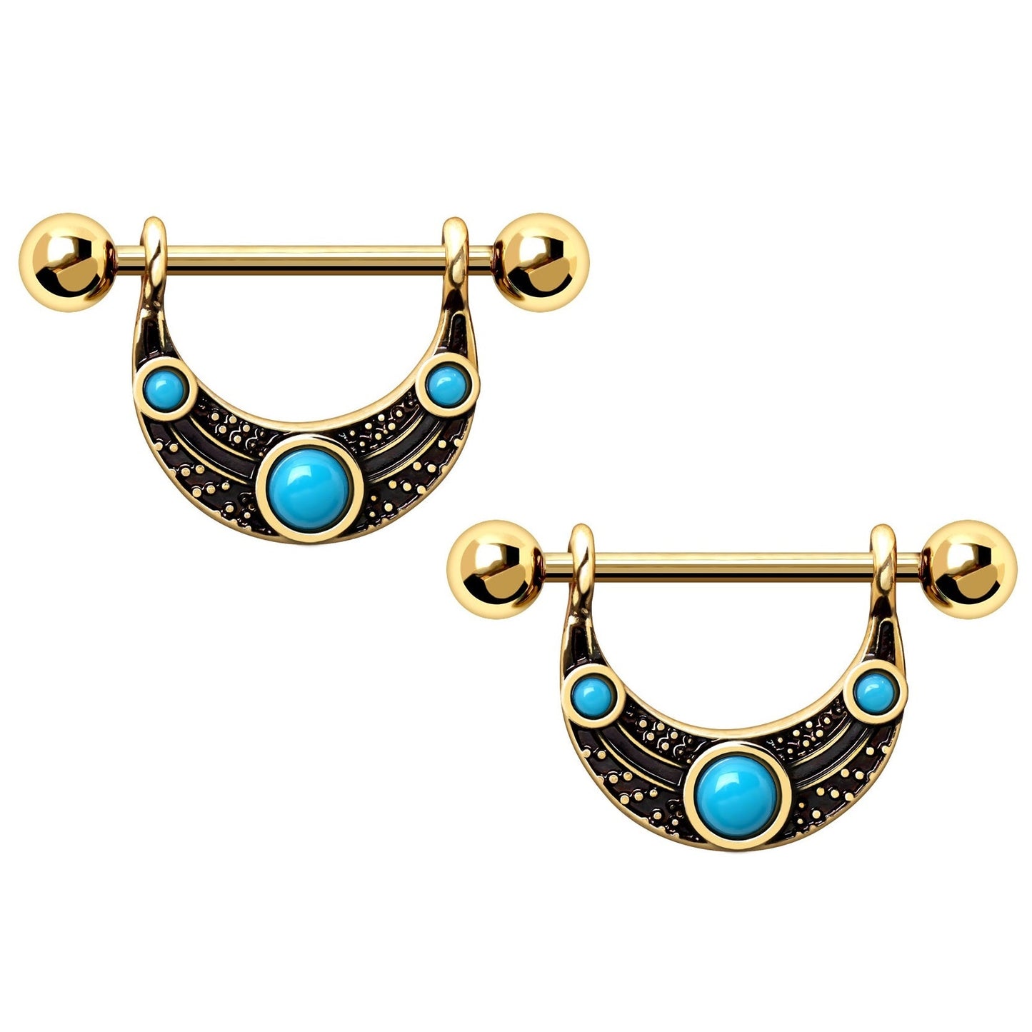 Gold Plated Turquoise Beaded Tribal Nipple Barbells - Stainless Steel - Pair