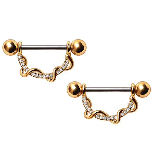 Gold Plated Twisted Vine CZ Crystal Lined Nipple Shields - 316L Stainless Steel - Pair