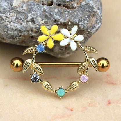 Golden Leaves Shield with Flowers and Colorful CZs Barbell Nipple Ring Shields - 316L Stainless Steel - Pair