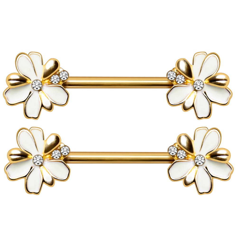 Gold Plated Jeweled White Flower Nipple Barbells - 316L Stainless Steel - Pair