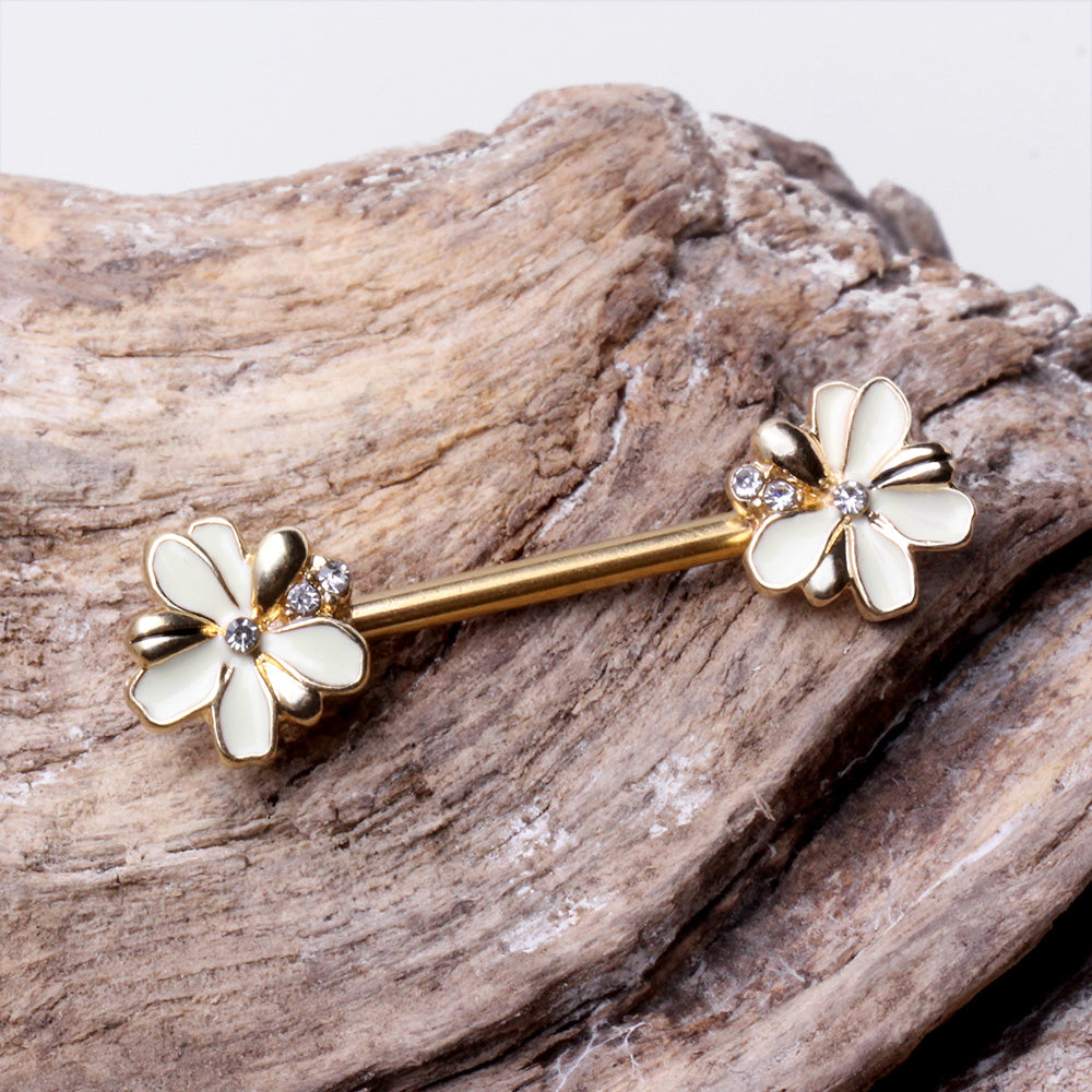 Gold Plated Jeweled White Flower Nipple Barbells - 316L Stainless Steel - Pair