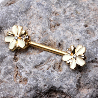 Gold Plated Jeweled White Flower Nipple Barbells - 316L Stainless Steel - Pair