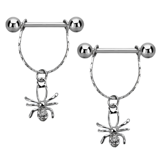 CZ Crystal Spiders Dangling Nipple Barbells - 316L Stainless Steel - Pair