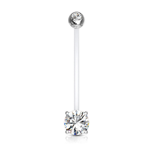 Double Jeweled Prong Set Round CZ Crystal Pregnancy Maternity Bioflex Belly Button Ring - Stainless Steel