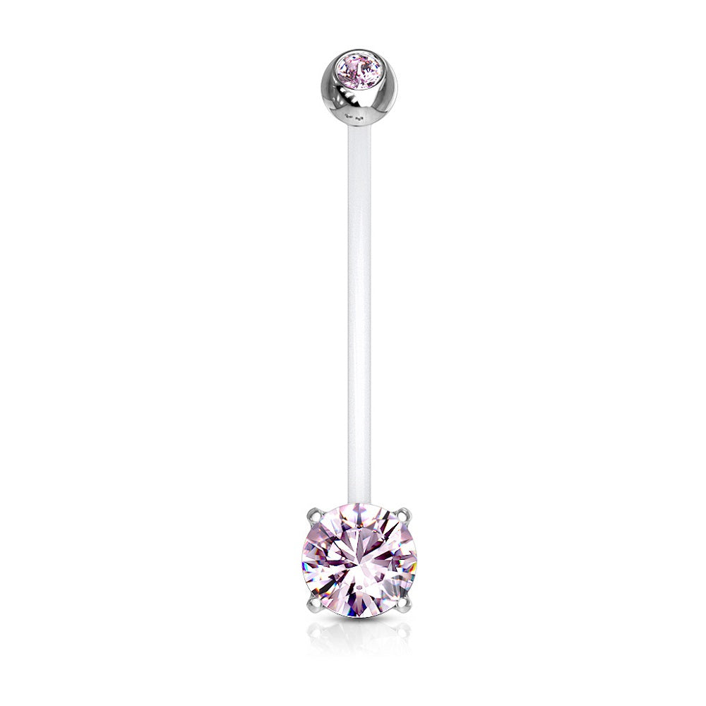 Double Jeweled Prong Set Round CZ Crystal Pregnancy Maternity Bioflex Belly Button Ring - Stainless Steel